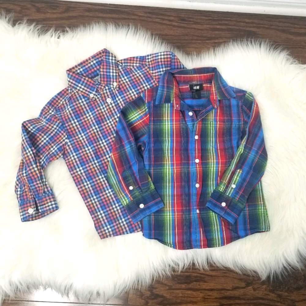 🛍️OshKosh & H&M 2 Long Sleeve 100% Cotton Button Down Multicolored Plaid Sz 3-4